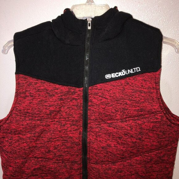 Ecko Unltd Mens Medium Red Black Heather Full Zip Hooded Hood Puffer Vest Size M - Picture 3 of 8